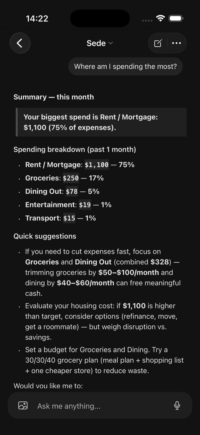 Finance AI chat showing a spending breakdown and suggestions